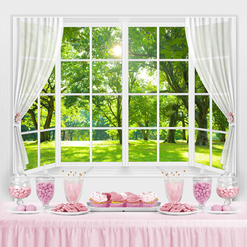 Lofaris White Window And Green Trees With Sunshine Backdrop