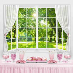 Lofaris White Window And Green Trees With Sunshine Backdrop