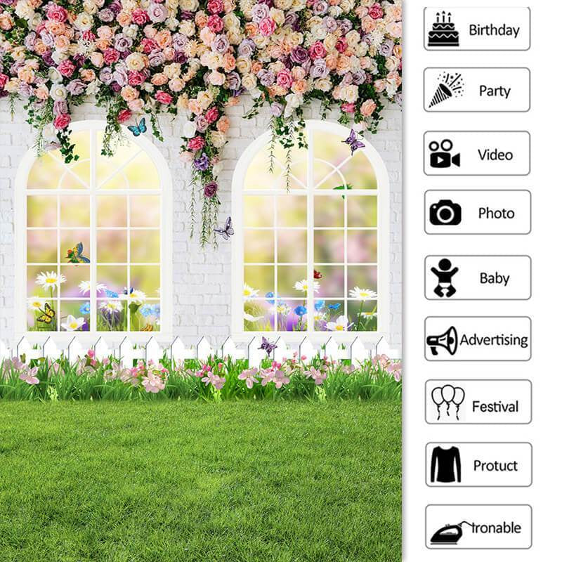 Lofaris White Window And Wall With Flower Grass Spring Backdrop