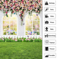 Lofaris White Window And Wall With Flower Grass Spring Backdrop