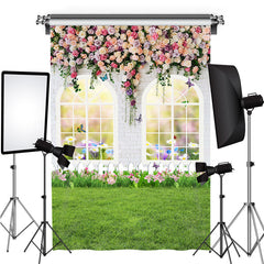 Lofaris White Window And Wall With Flower Grass Spring Backdrop