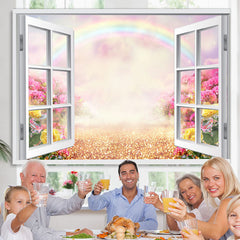 Lofaris White Window Glitter Land Pink Sky Scene Spring Backdrop