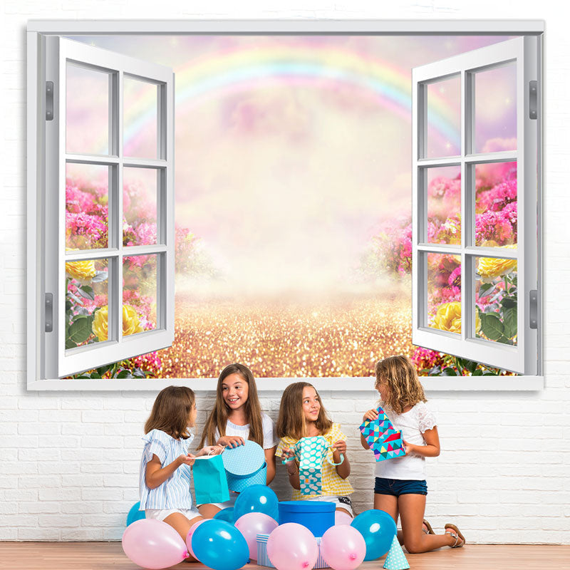 Lofaris White Window Glitter Land Pink Sky Scene Spring Backdrop