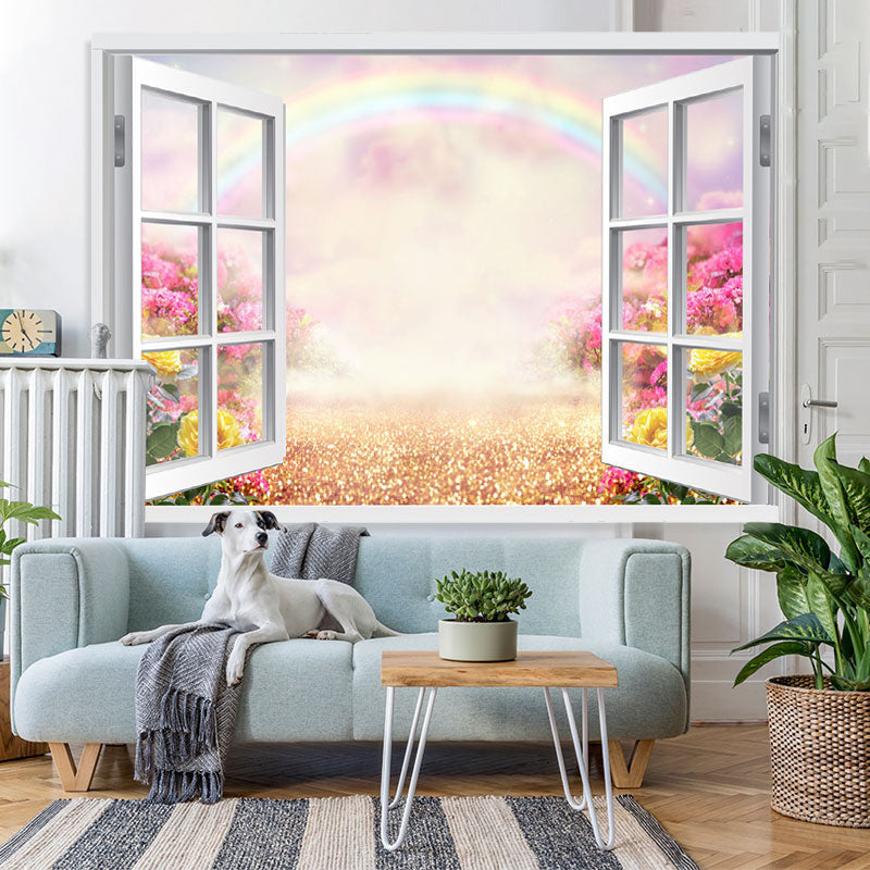 Lofaris White Window Glitter Land Pink Sky Scene Spring Backdrop