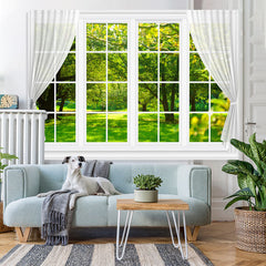 Lofaris White Window With Green Forest Outside Spring Backdrop