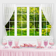 Lofaris White Window With Green Forest Outside Spring Backdrop