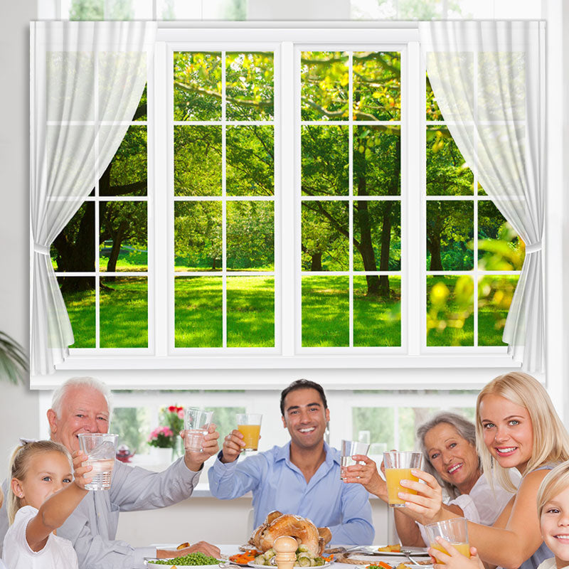 Lofaris White Window With Green Forest Outside Spring Backdrop