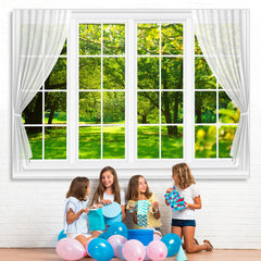 Lofaris White Window With Green Forest Outside Spring Backdrop