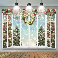 Lofaris White Window With Snowy Christmas Tree Holiday Backdrop