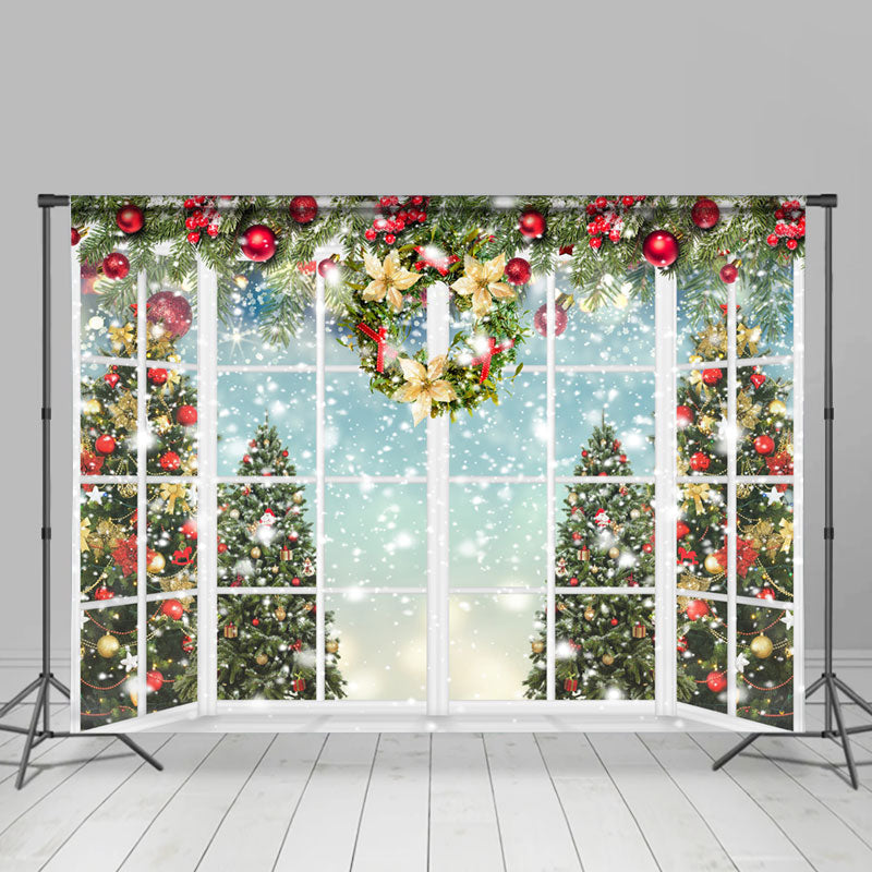Lofaris White Window With Snowy Christmas Tree Holiday Backdrop
