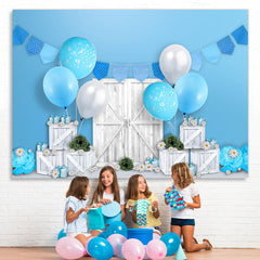 Lofaris White Wooden Blue Balloons Happy Birthday Backdrop