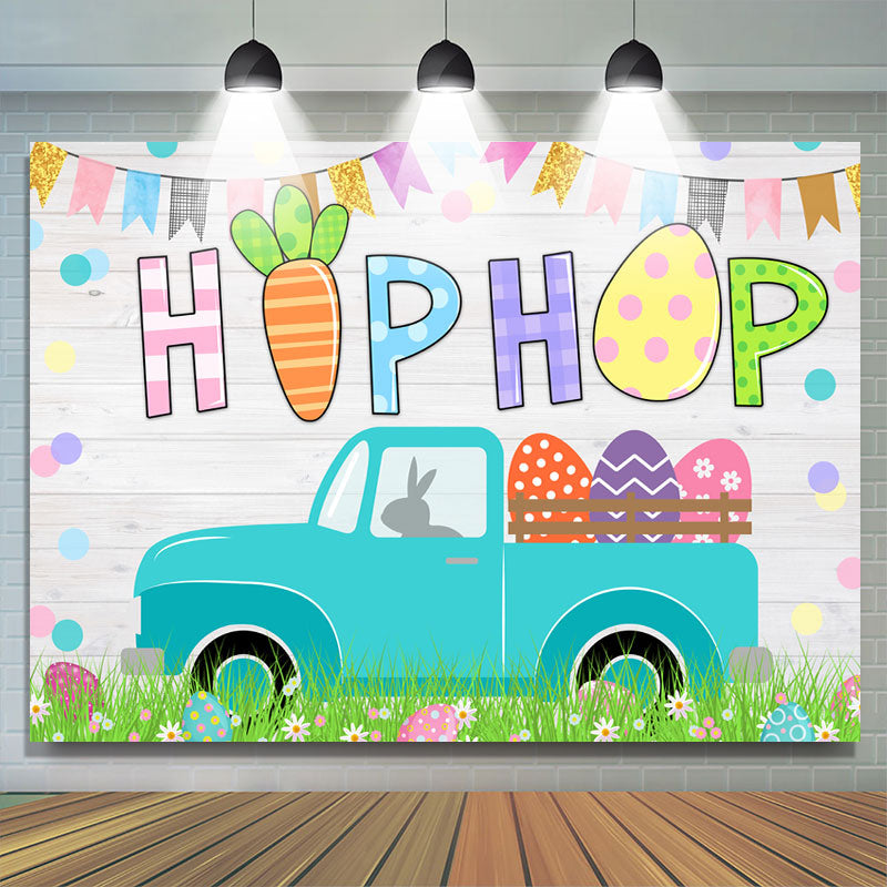 Lofaris White Wooden Car Colored flag Happy Birthday Backdrop