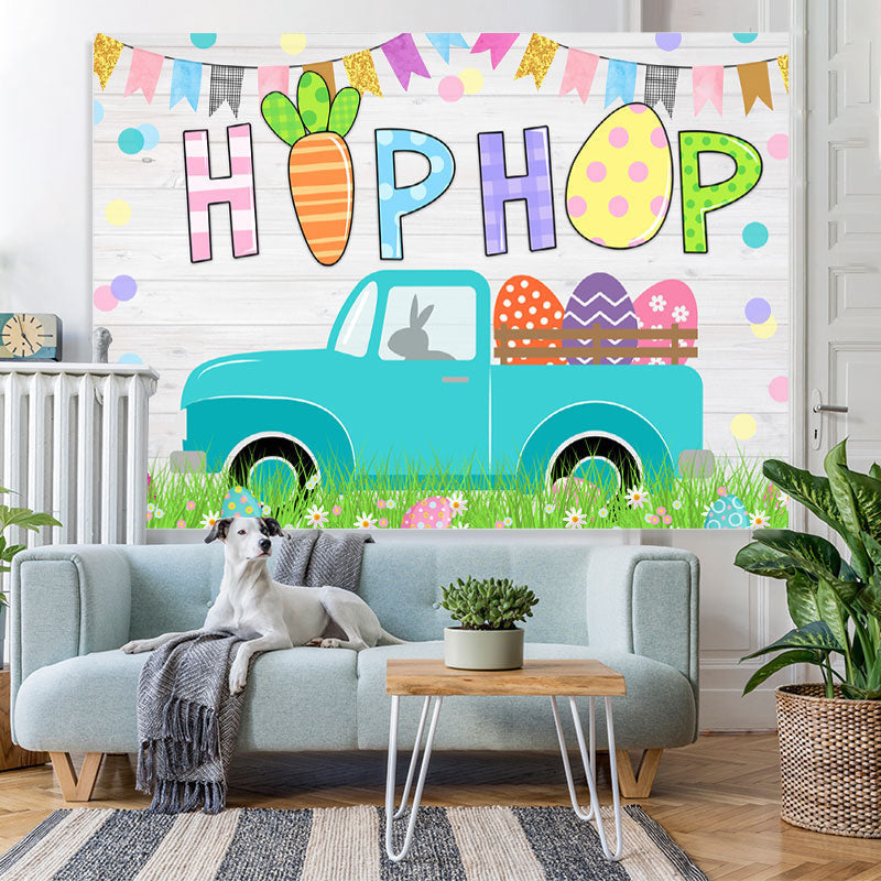 Lofaris White Wooden Car Colored flag Happy Birthday Backdrop