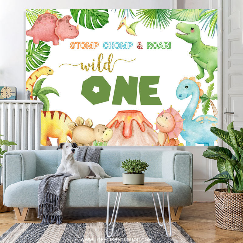 Lofaris Wild Dinosaurs Volcano Happy 1st Birthday Backdrop