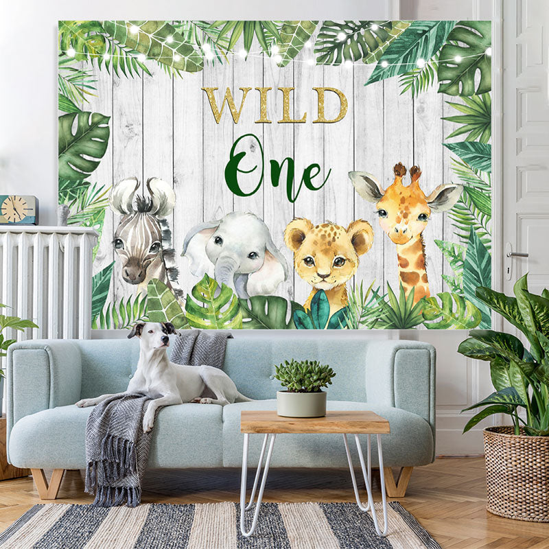 Lofaris Wild One Jungle Animals Green Leavs Birthday Backdrop for Kids
