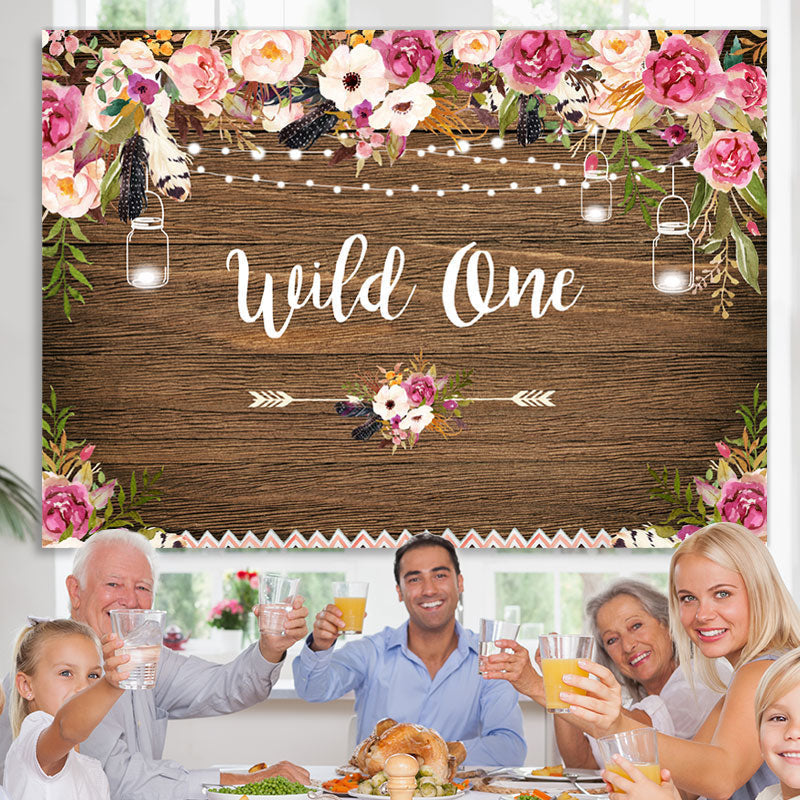 Lofaris Wild one Pink and White Floral Wooden Birthday Backdrop