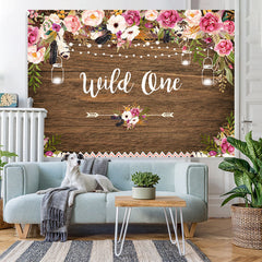 Lofaris Wild one Pink and White Floral Wooden Birthday Backdrop