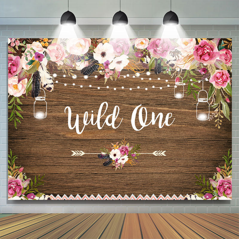 Lofaris Wild one Pink and White Floral Wooden Birthday Backdrop