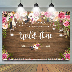 Lofaris Wild one Pink and White Floral Wooden Birthday Backdrop