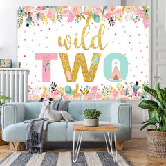 Lofaris Wild Two Gold Pink Floral Birthday Backdrop for Girl