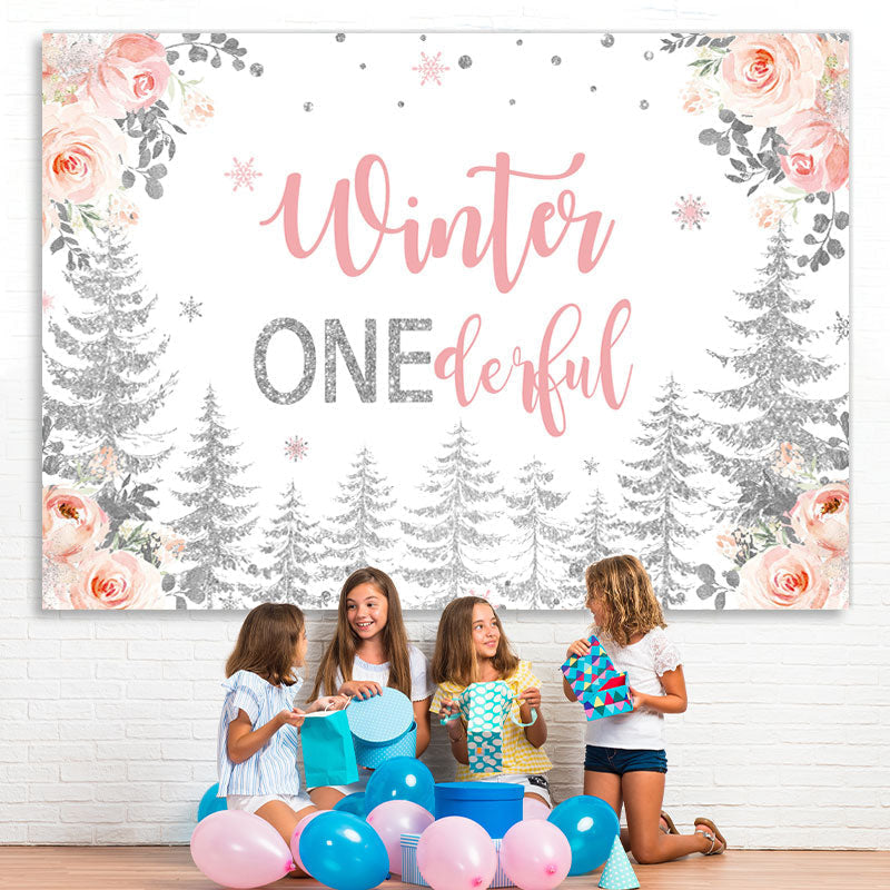 Lofaris Winter Onederful Roses Silver forest Birthday Backdrop