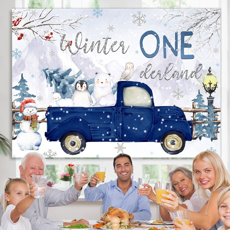Lofaris Winter Onederland Blue Truck With Animals Backdrop