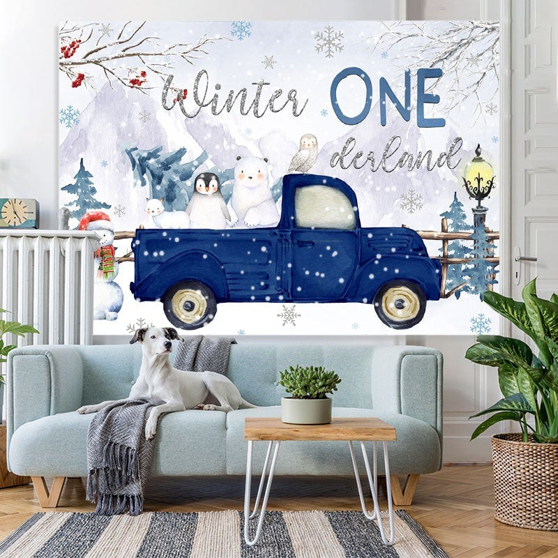 Lofaris Winter Onederland Blue Truck With Animals Backdrop