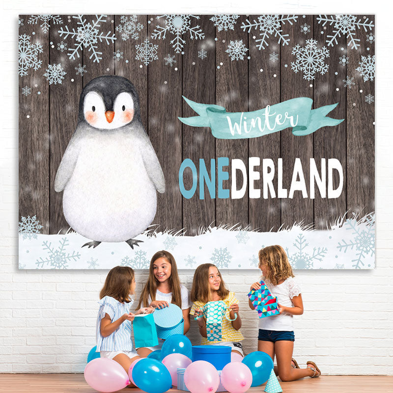 Lofaris Winter Onederland Penguin Snowflake Wood Backdrop for Birthday