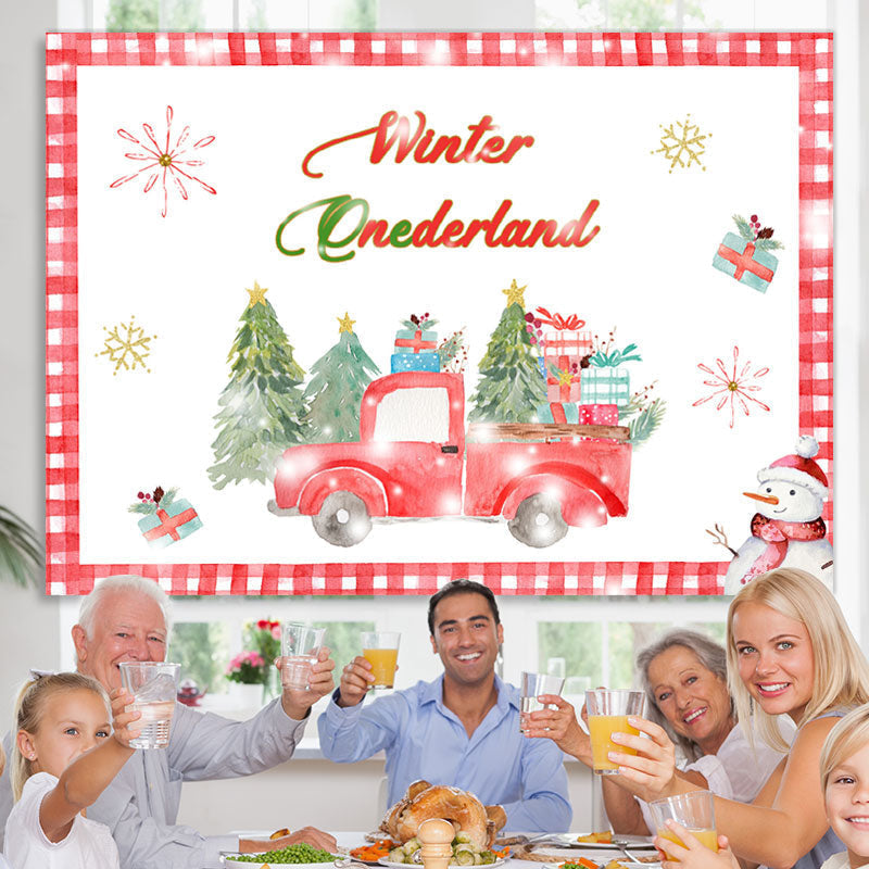 Lofaris Winter Onederland Red Truck Snowman Birthday Backdrop