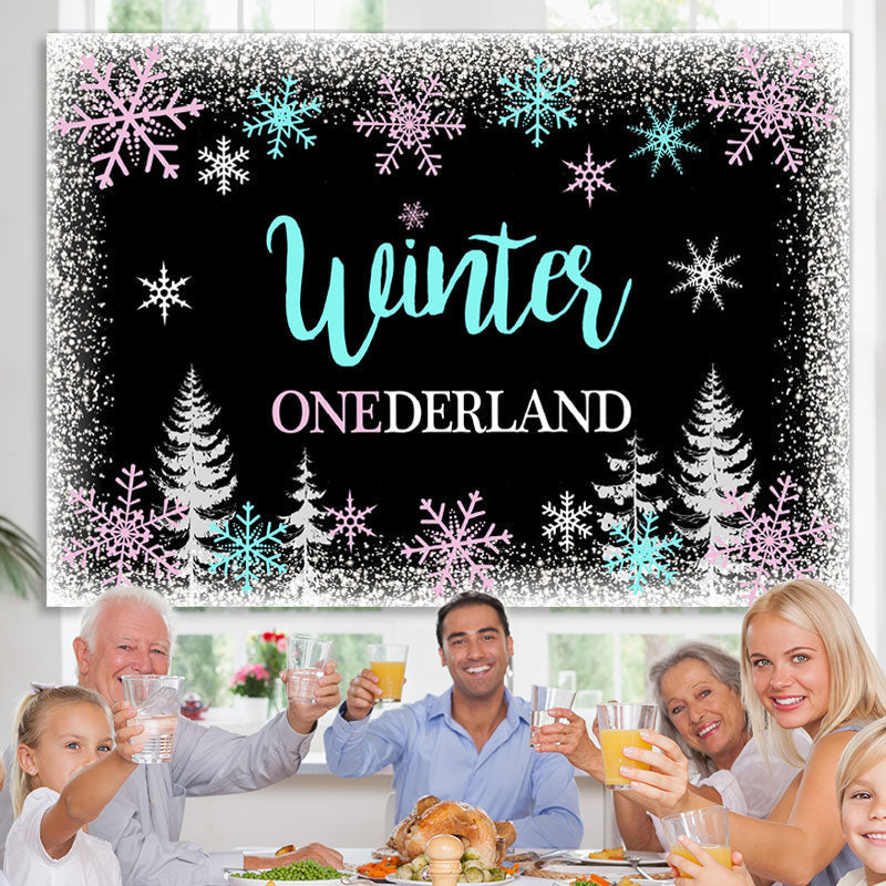 Lofaris Winter Onederland Snowflake Forest Backdrop for Birthday Party