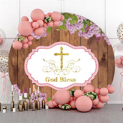 Lofaris Wood And Leaves God Bless Happy Birthday Round Backdrop