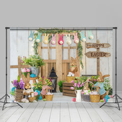 Lofaris Wood Cabin Cute Rabbit Flower Easter Party Backdrop