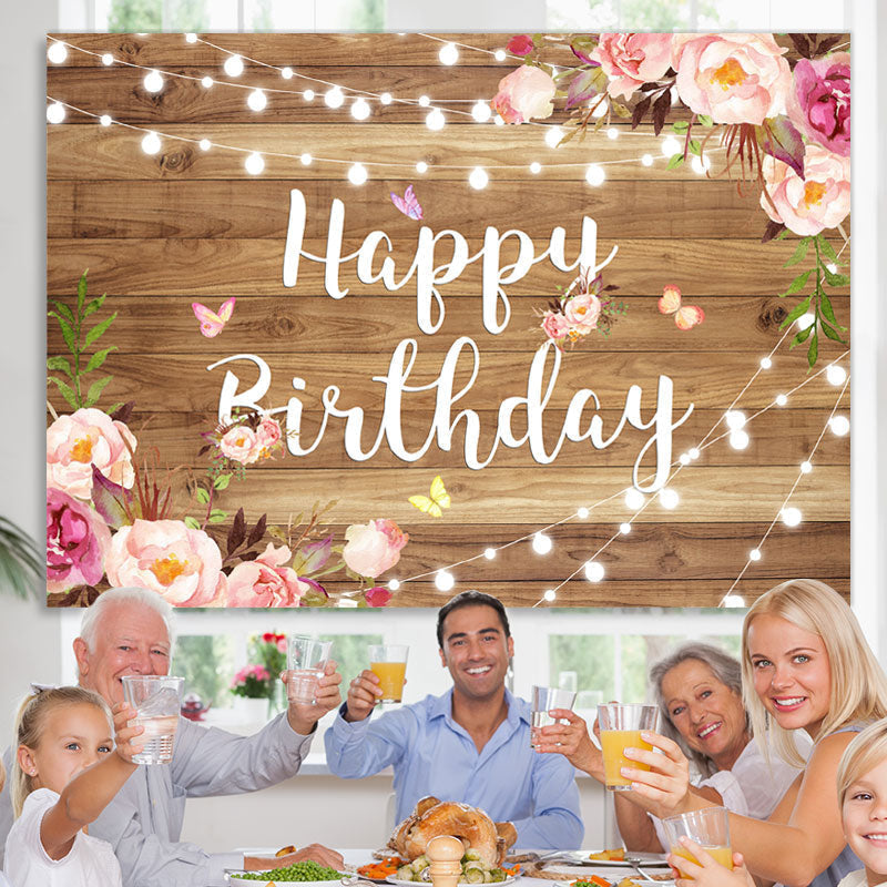 Lofaris Wood Pink and Purple Flower Happy Birthday Backdrop