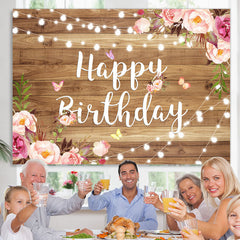 Lofaris Wood Pink and Purple Flower Happy Birthday Backdrop