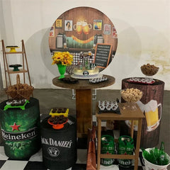 Lofaris Wooden Beer Bar Themed Circle Happy Birthday Backdrop