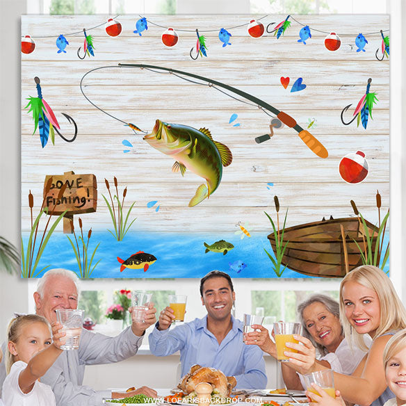Lofaris Wooden Boat River Fishing Birthday Party Backdrop