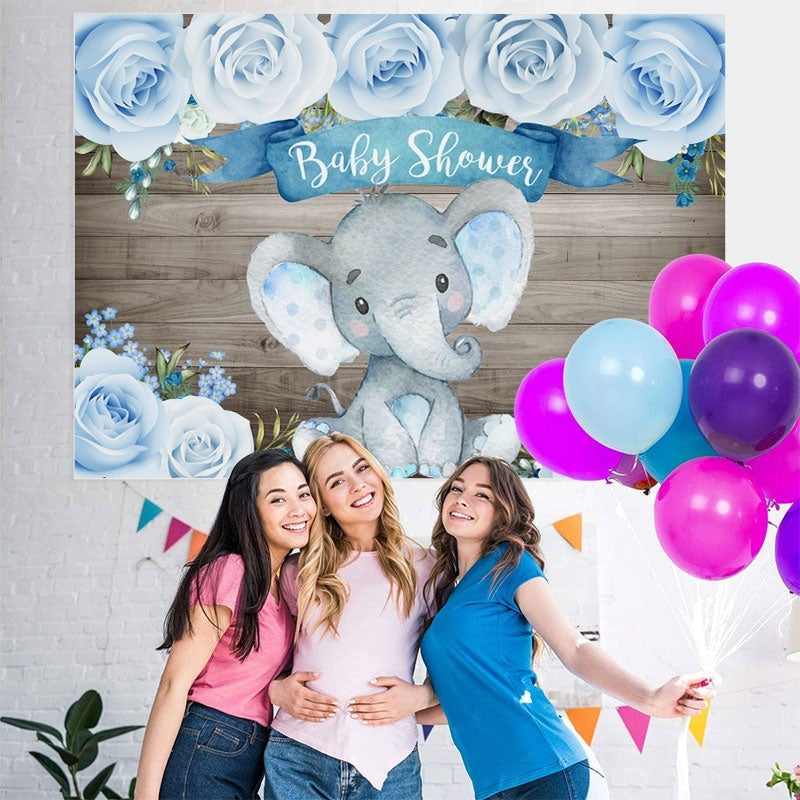 Lofaris Wooden Bule Roses Baby Elephant Shower Backdrop