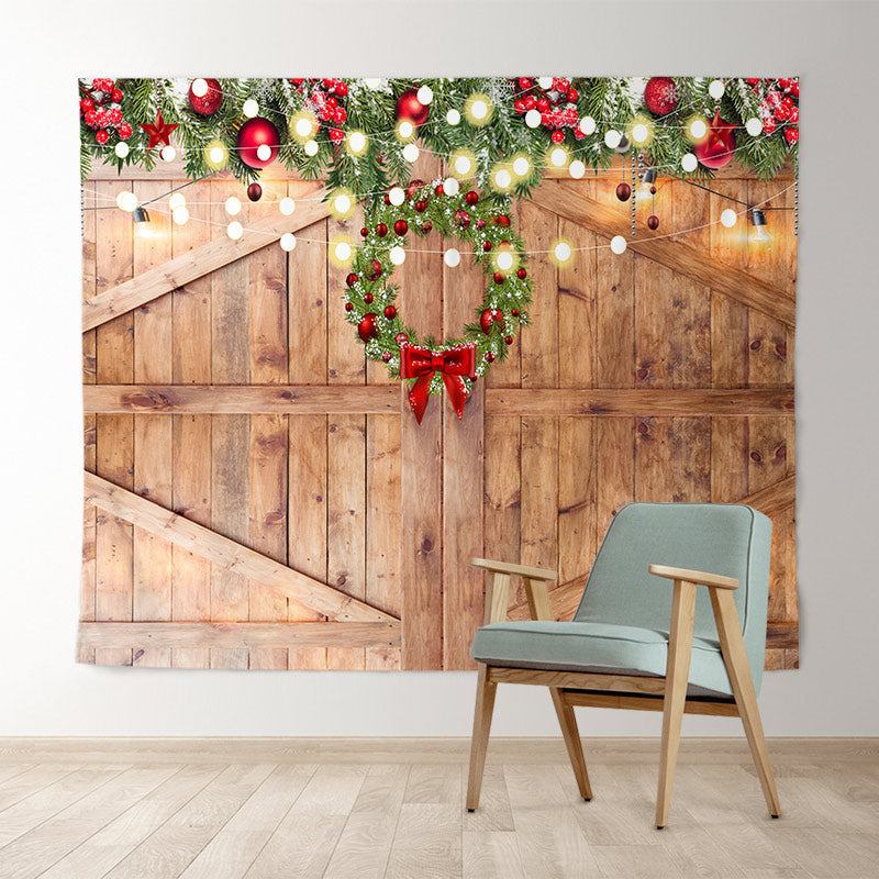 Lofaris Wooden Door With Christmas Wreath Light Holiday Backdrop