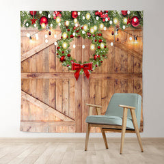 Lofaris Wooden Door With Christmas Wreath Light Holiday Backdrop