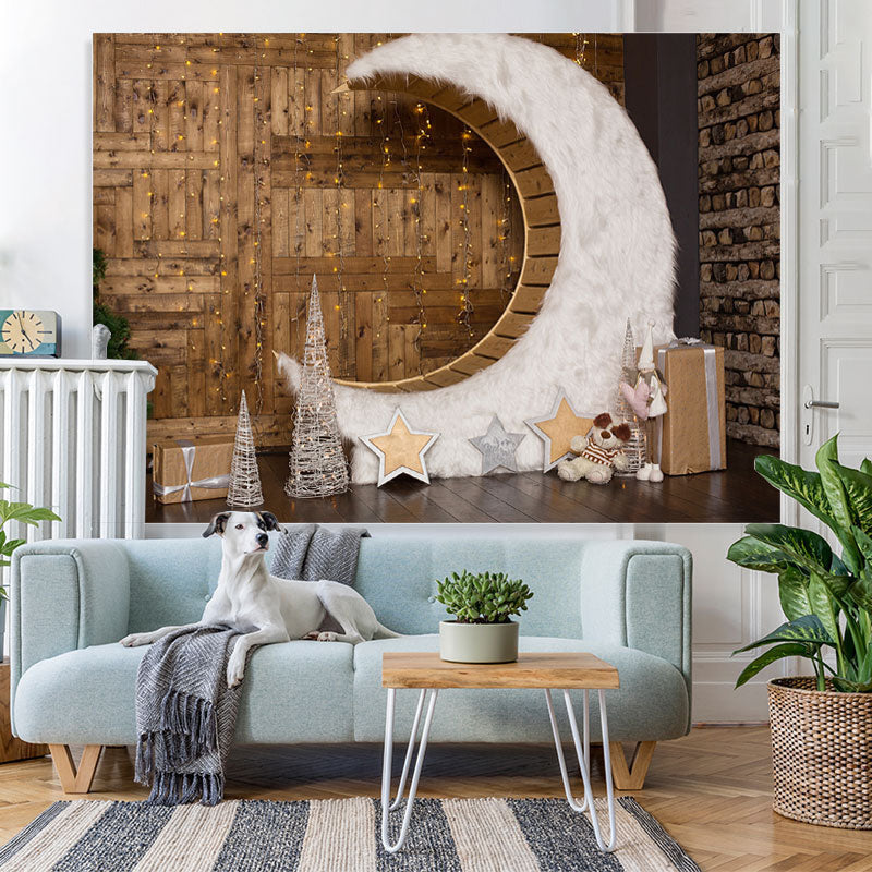 Lofaris Wooden Floor Moon Glitter Light Christmas Backdrop