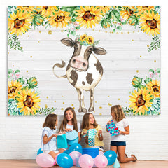 Lofaris Wooden Sunflower Cute Cow Animal Birthday Backdrop
