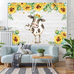Lofaris Wooden Sunflower Cute Cow Animal Birthday Backdrop