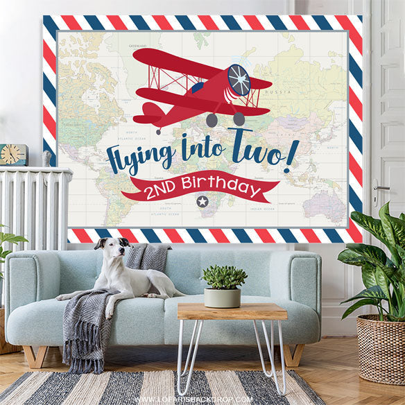 Lofaris World Map Red Airplane Happy 2nd Birthday Backdrop