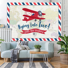 Lofaris World Map Red Airplane Happy 2nd Birthday Backdrop
