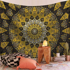 Lofaris Yellow And Black Mandala Trippy Family Wall Tapestry