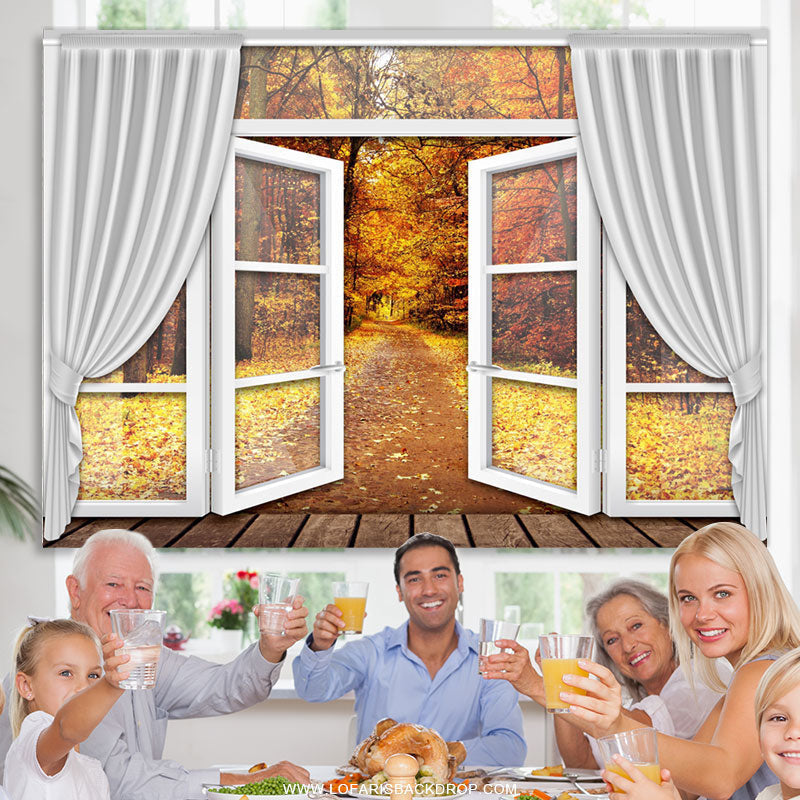 Lofaris Yellow Autumn With White Curtain And Window Backdrop