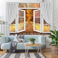 Lofaris Yellow Autumn With White Curtain And Window Backdrop