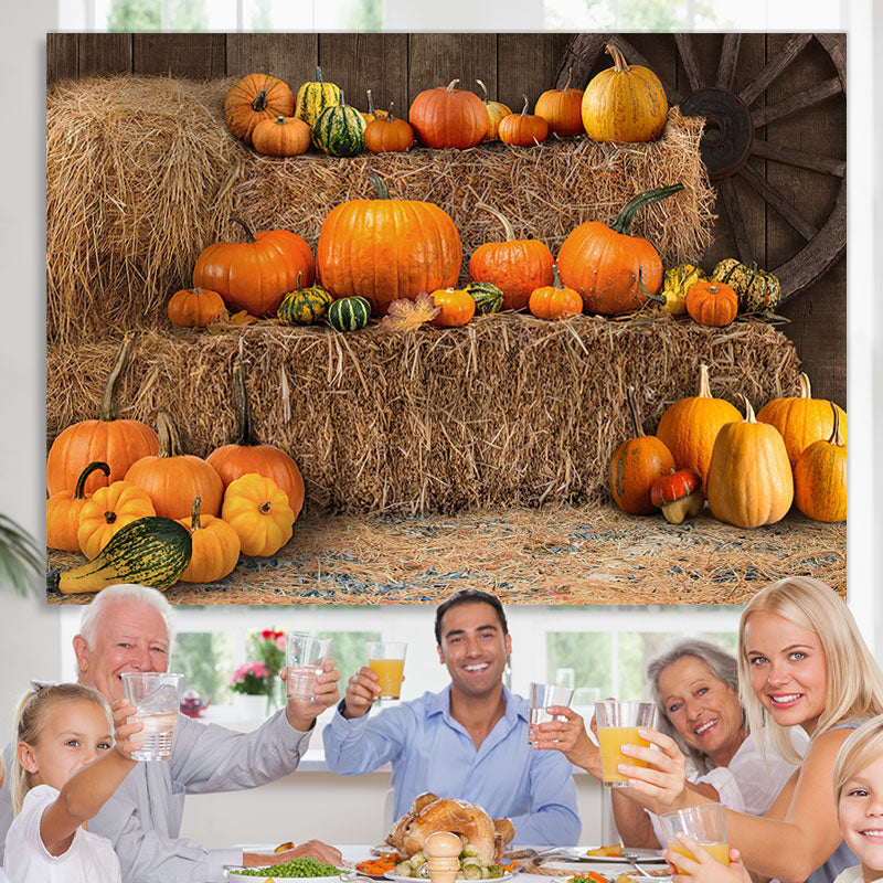Lofaris Yellow Barn with Various Pumpkins Autumn Backdrop