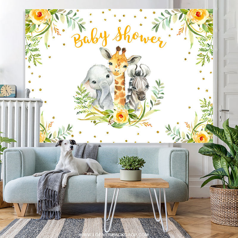 Lofaris Yellow Floral Green Leaf Animals Baby Shower Backdrop