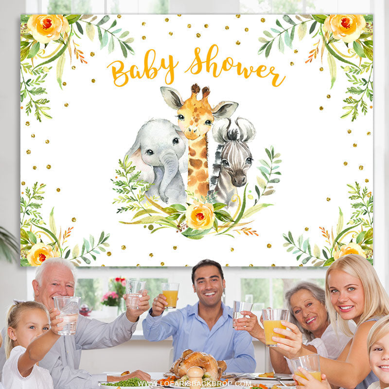 Lofaris Yellow Floral Green Leaf Animals Baby Shower Backdrop